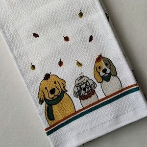 Dog Print Fall Autumn Leaves Theme Kitchen Towel Set Of Two White Multi NWT